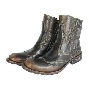 MARK NASO Men's Rock Lives US9 Brown Leather Dragon Side Zip Ankle Boots RARE